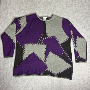 BFA Classics Women's 3X Purple Grey Geometric Patchwork Knit Sweater Plus Size